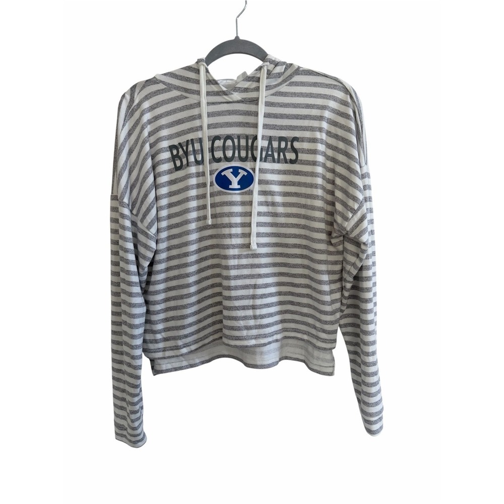 BYU Cougars Striped Hoodie Pullover in White & Gray - Picture 2 of 4